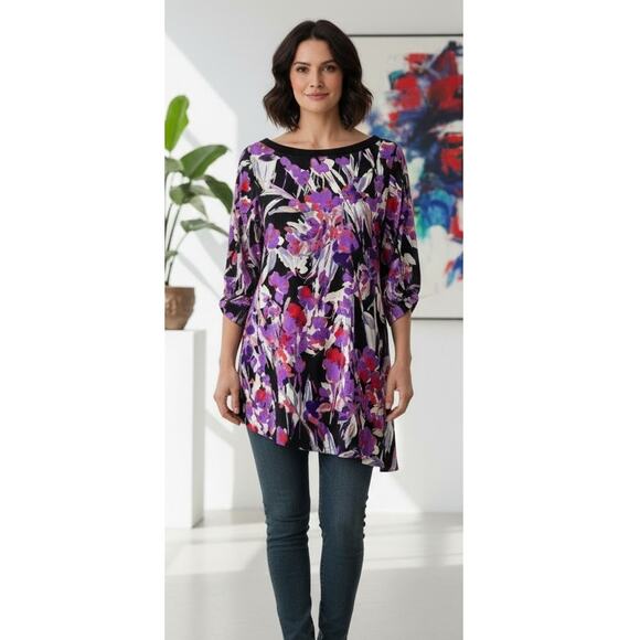 Susan Graver Womens M Artsy Abstract Floral Asymmetrical Hem Ruched Sleeve Tunic - Picture 2 of 11